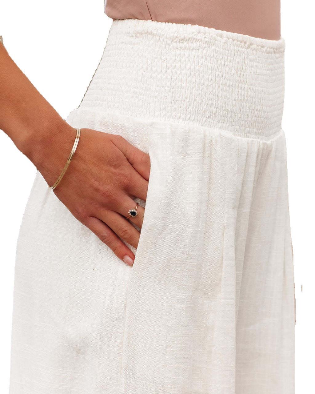 Damen weite Leinenhose mit elastischem Taillenbund und seitlichen Falten