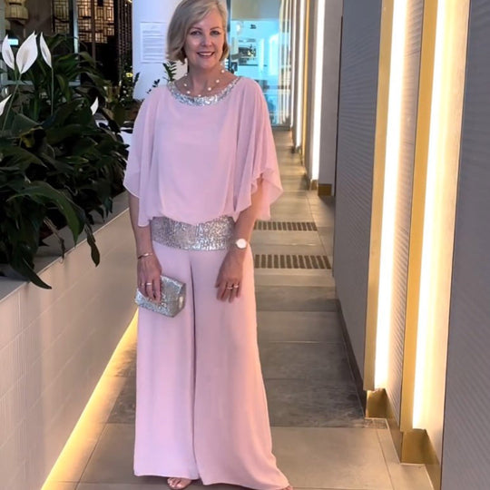 Damen Elegantes Zweiteiliges Abendensemble mit Chiffon-Cape, Paillettenbesatz und Palazzo-Hose Shop Nory