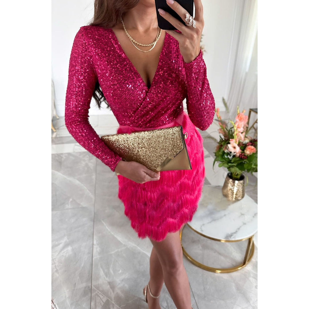 Damen Shiny Wickel-Mini-Kleid mit Pailletten-Oberteil und Feder-Tierrock Shop Nory