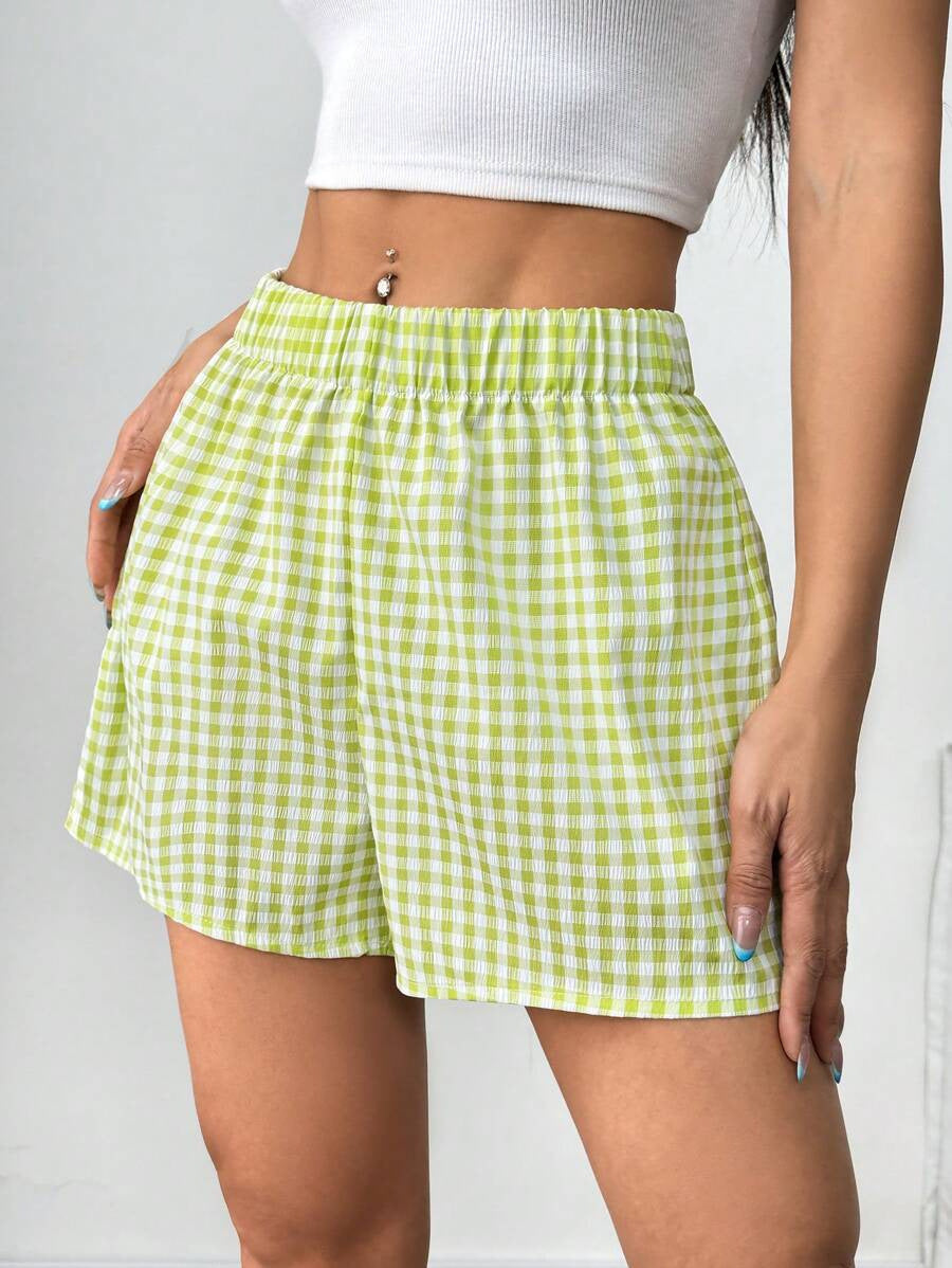 Damen luftige Karoshorts mit elastischem Bund und seitlichen Taschen Shopnory