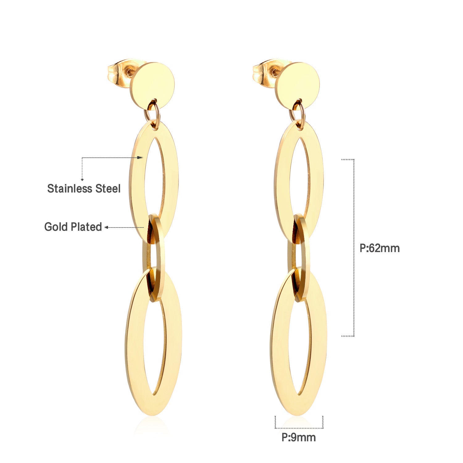 Damen Ohrringe mit elegantem, doppellagigem Rechteckdesign aus Edelstahl und goldplattierter Oberfläche Shop Nory