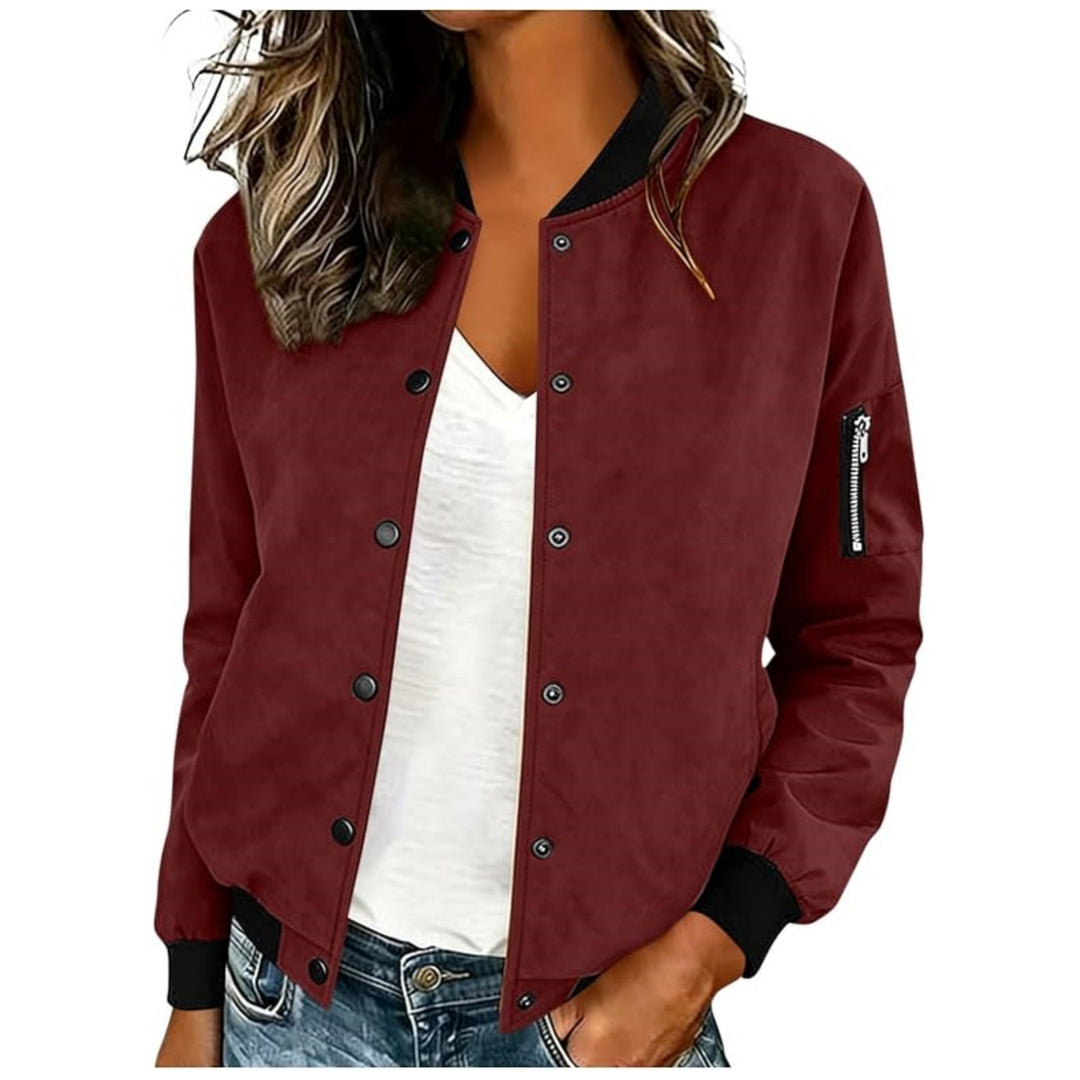 Damen Leichte Bomberjacke mit Druckknöpfen und Ärmeltasche Shop Nory