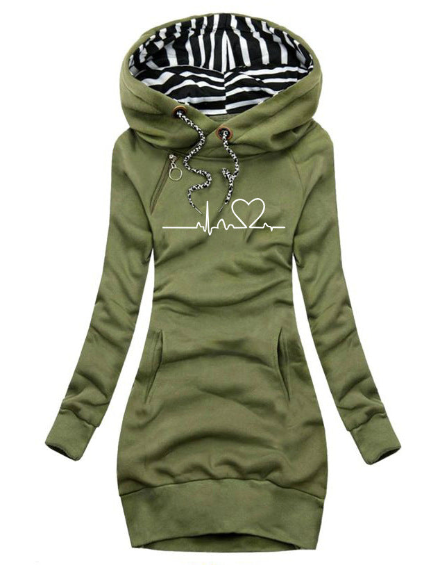 Damen Kapuzen-Sweatkleid mit gestreiftem Kapuzenfutter, Kängurutasche und Herz-EKG-Druck Shop Nory