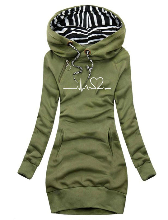 Damen Kapuzen-Sweatkleid mit gestreiftem Kapuzenfutter, Kängurutasche und Herz-EKG-Druck Shop Nory