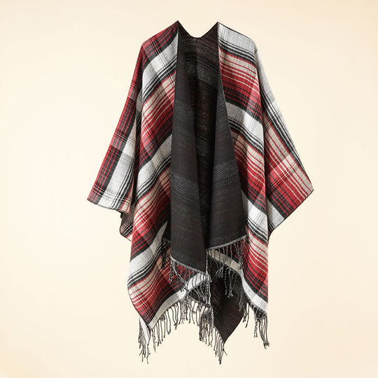 Damen Kastiger Plaid-Ruana aus leichtem Wollmix mit dekorativem Fransensaum Shop Nory