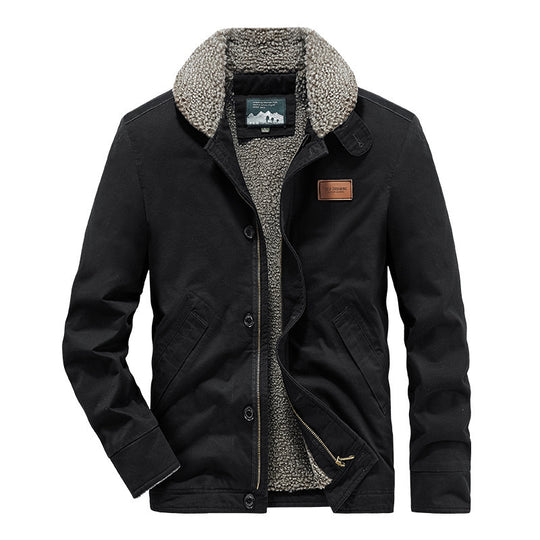 Herren kernige Canvas‑Workerjacke mit voluminösem Sherpa‑Innenfutter und hochschließendem Kragen Shop Nory