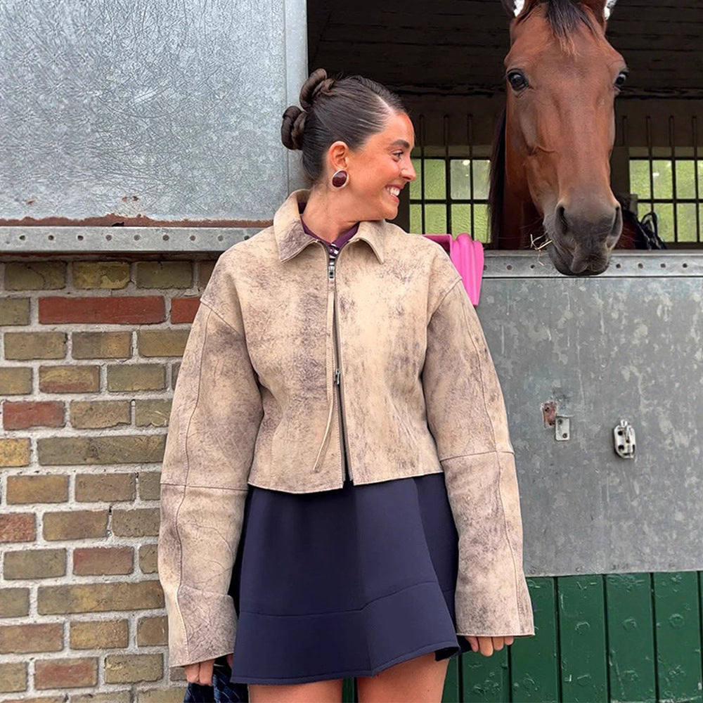 Damen Kurz geschnittene Velourslederjacke in Used‑Optik mit extra langen Ärmeln und Zwei‑Wege‑Reißverschluss Shop Nory
