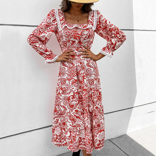 Damen Romantisches Midikleid im Boho‑Stil mit quadratischem Ausschnitt, Spitzenbesatz und Taillenzug Shop Nory