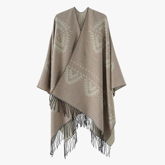 Damen Grobgewebter Jacquard-Umhang im Oversize mit Zipfelsaum und Fransensaum Shop Nory