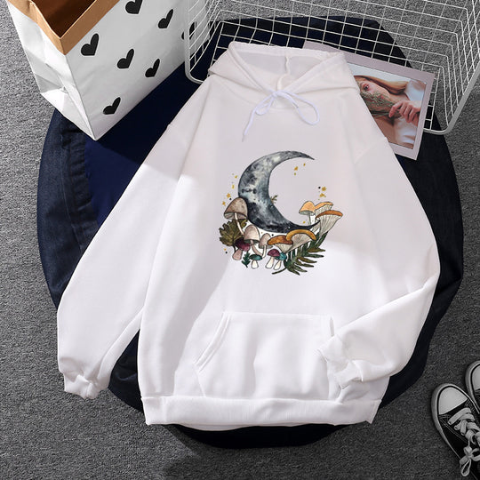 Damen nan lässiger Kapuzenpullover mit künstlerischem Mond‑und‑Pilzmotiv, weichem Fleecefutter und Kängurutasche Shop Nory