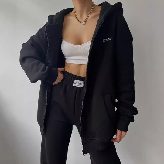 Damen Oversize Kapuzen-Sweatjacke mit Reißverschluss und High-Waist Jogginghose Set Shop Nory