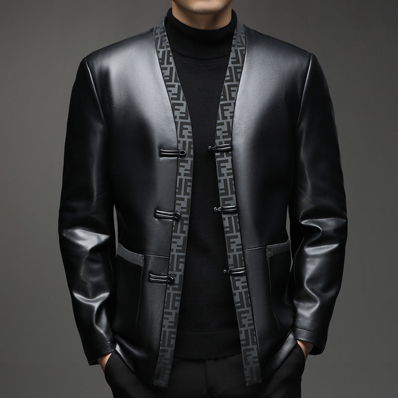 Herren Kunstleder-Sakko im Kimono-Stil mit Jacquardblende und Kordelverschlüssen Shop Nory