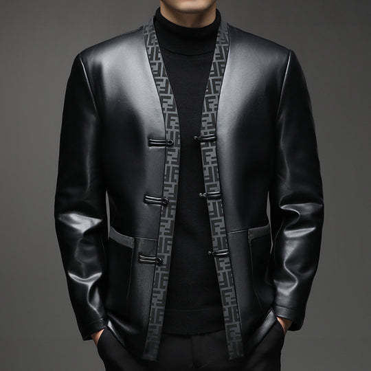 Herren Kunstleder-Sakko im Kimono-Stil mit Jacquardblende und Kordelverschlüssen Shop Nory