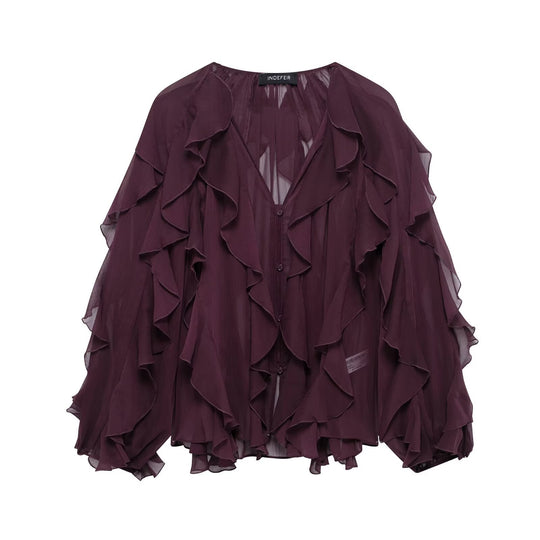 Damen Chiffon-Bluse mit vielfachen Volant-Rüschen und Knopfleiste Shop Nory
