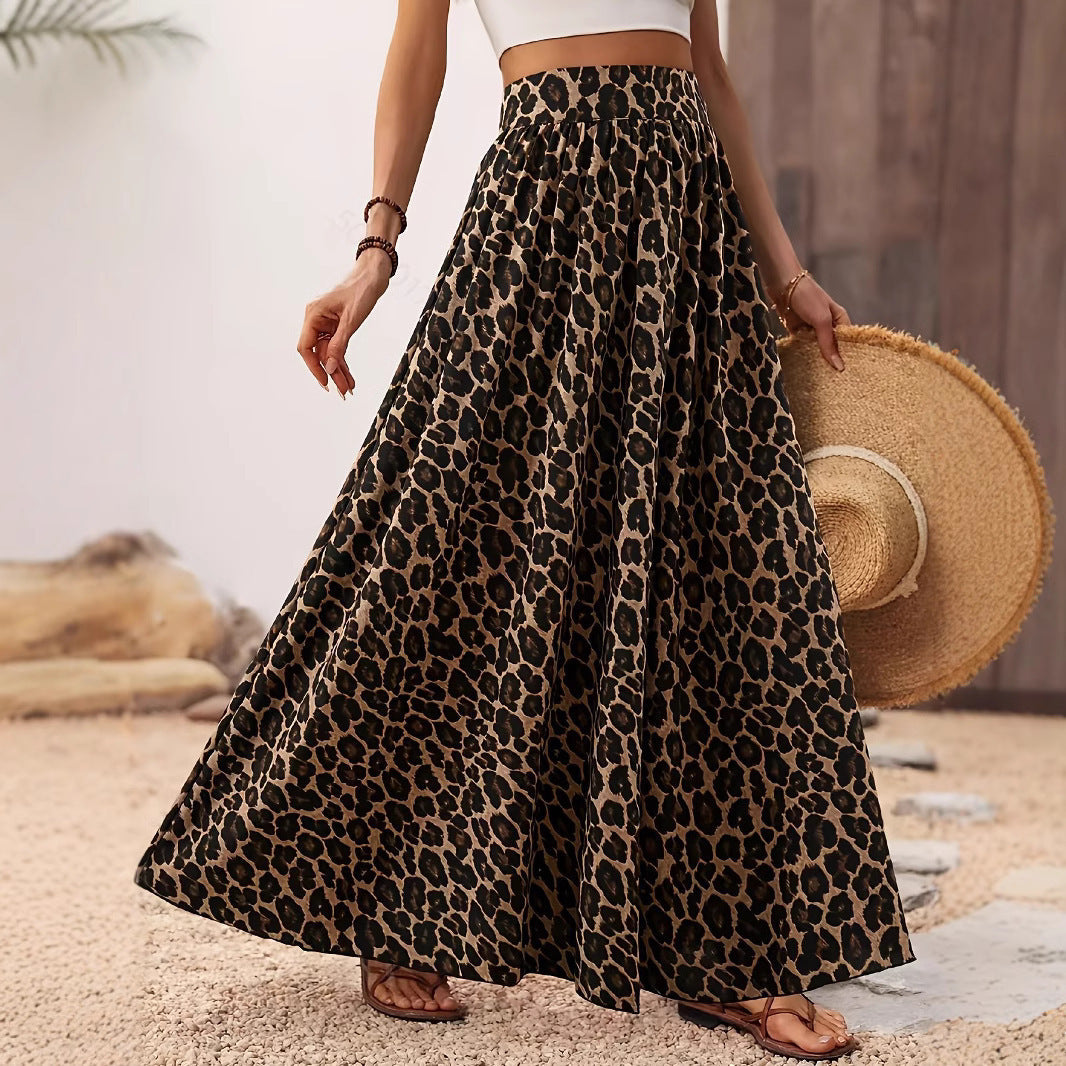Damen Maxi-Rock mit elastischem Bund und Leopardenmuster