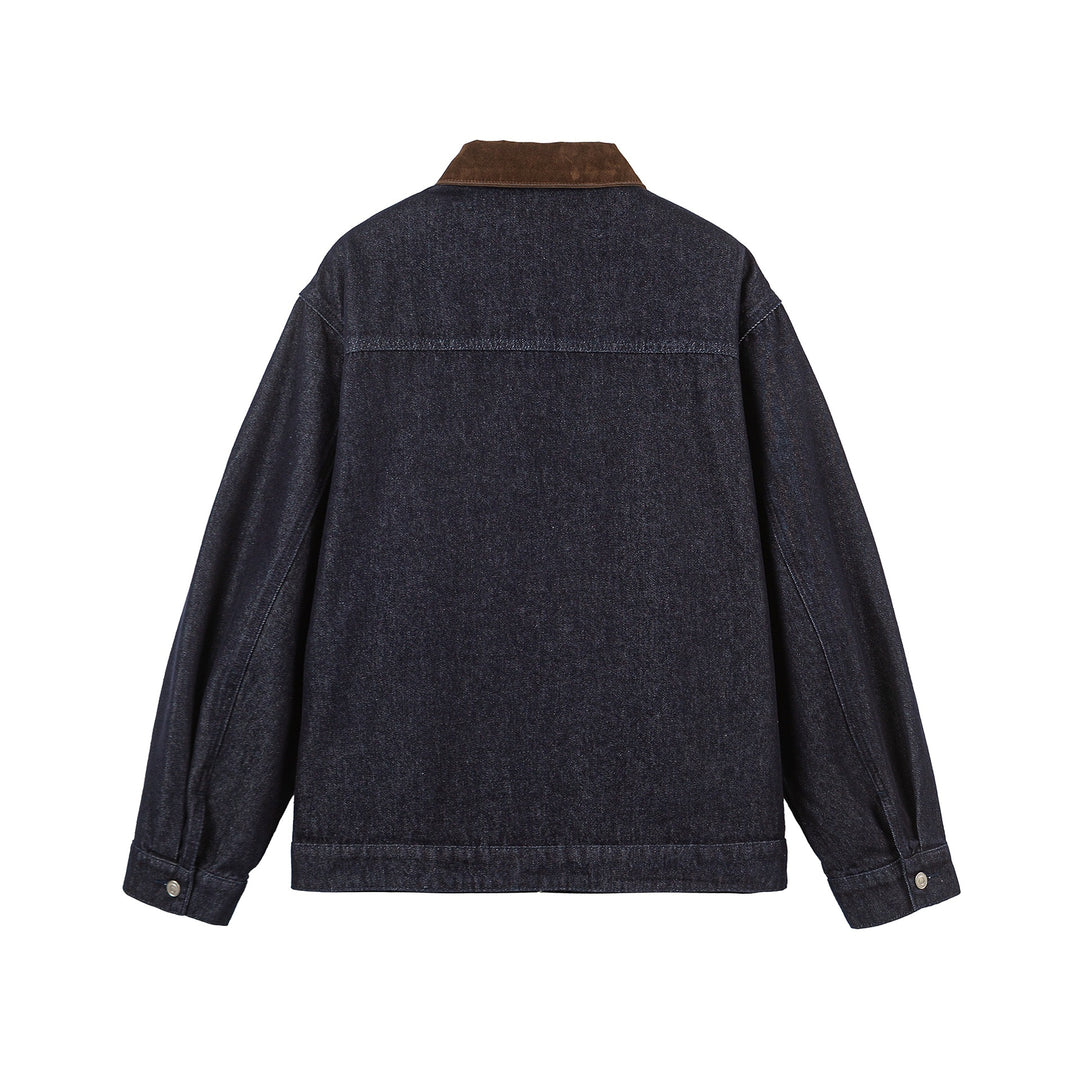 Unisex Boxy-Jeansblouson mit Velourskragen und markanten Karabinerverschlüssen Shop Nory