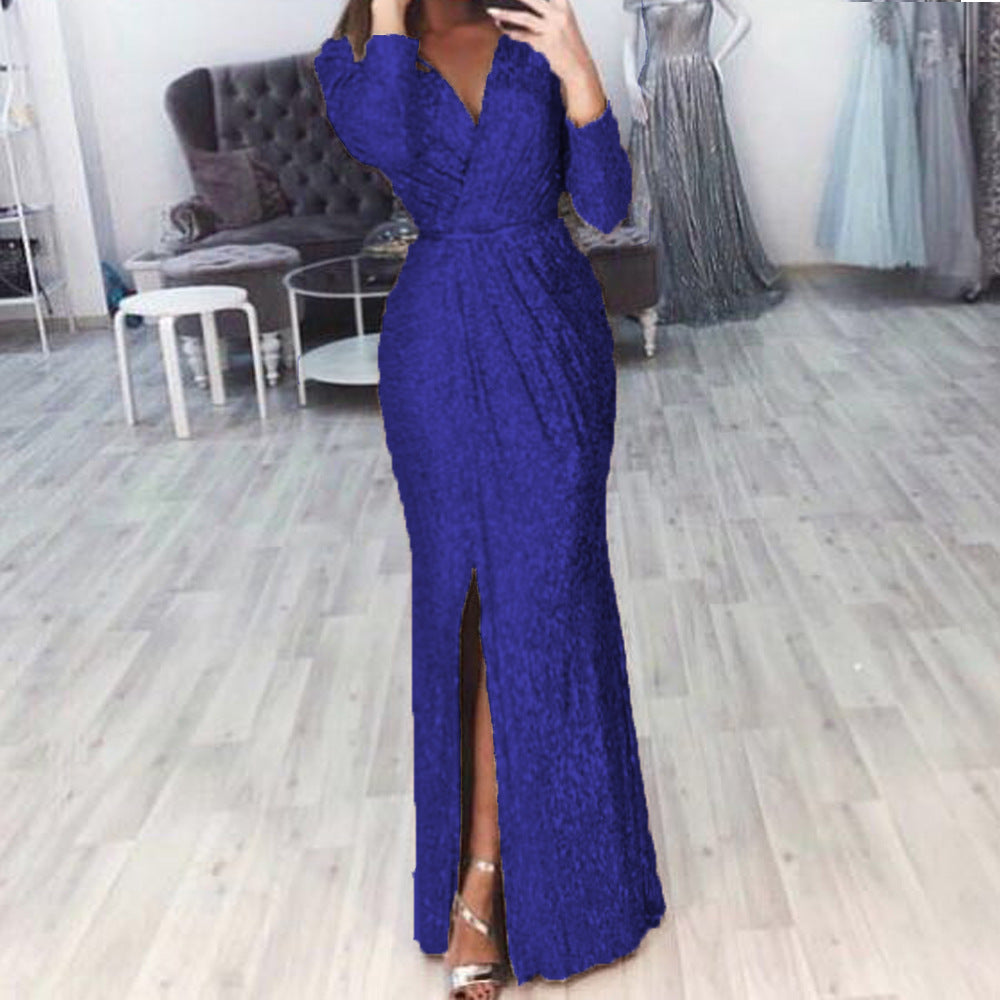 Damen Abendkleid mit Wickelfront, langem Beinschlitz und taillierter Meerjungfrauen‑Silhouette Shop Nory