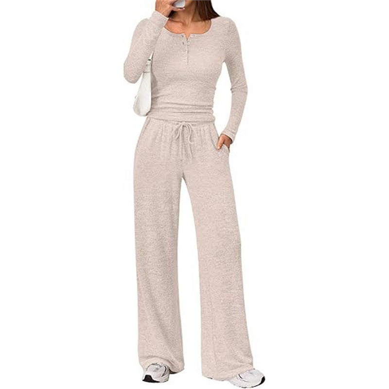 Damen Zweiteiliges Feinstrick-Lounge-Set mit Henley-Top und Palazzo-Hose Shop Nory