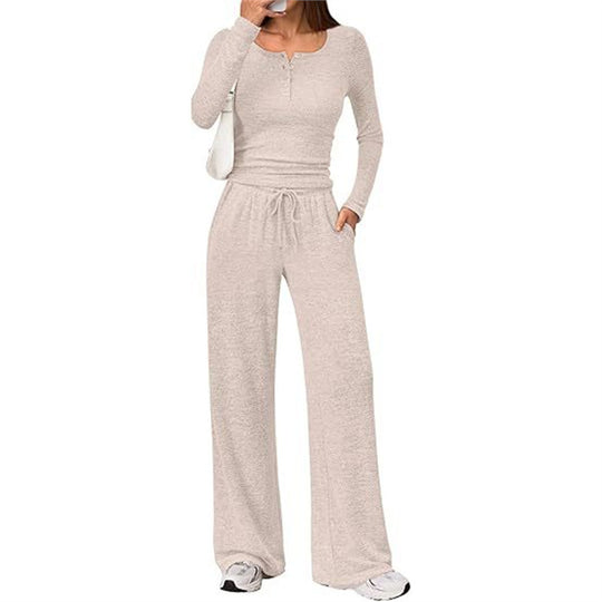 Damen Zweiteiliges Feinstrick-Lounge-Set mit Henley-Top und Palazzo-Hose Shop Nory