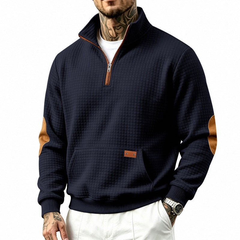 Herren Stehkragen-Halbzip-Sweatshirt mit karierter Reliefstruktur und Lederoptik-Ellenbogenpatches Shop Nory