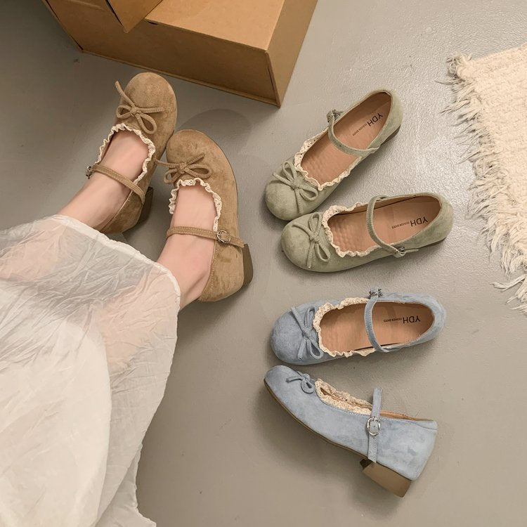 Damen elegante Mary Jane Ballerinas mit dekorativem Spitzenrand und Schleifenakzent