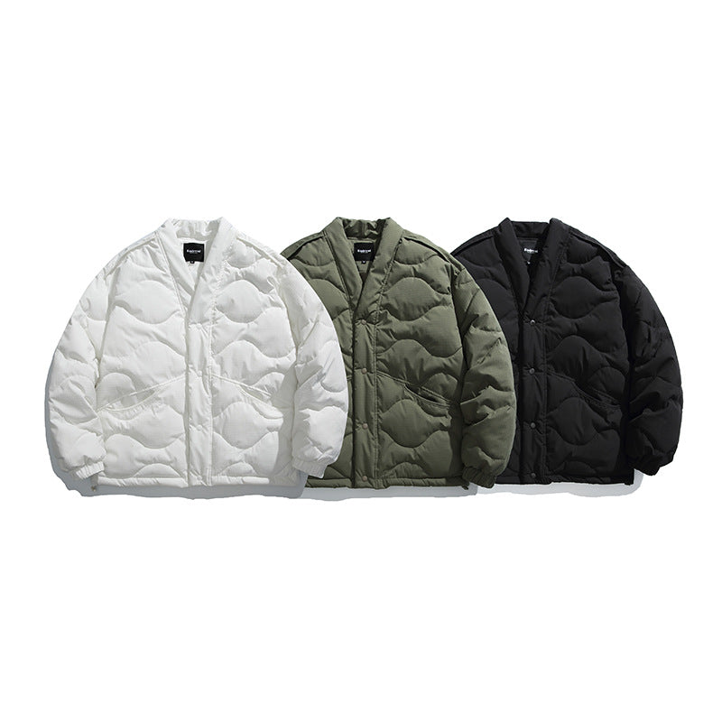 Unisex Oversize-Steppjacke mit V-Ausschnitt, Druckknopfverschluss und wattierter Isolation Shop Nory