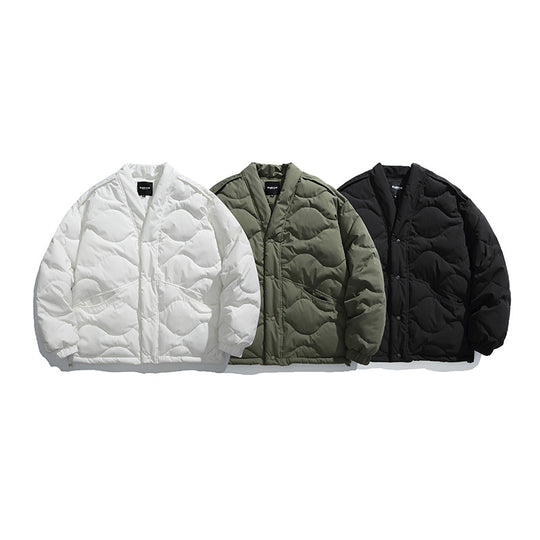 Unisex Oversize-Steppjacke mit V-Ausschnitt, Druckknopfverschluss und wattierter Isolation Shop Nory