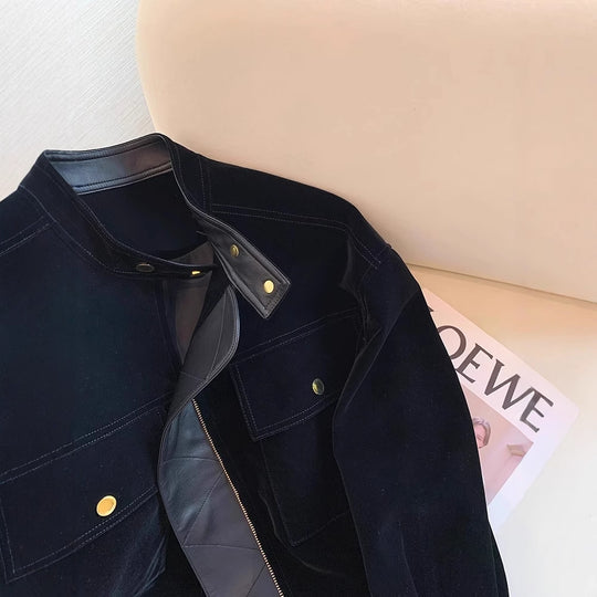 Damen Modische samtige Übergangsjacke mit Lederakzenten Shop Nory