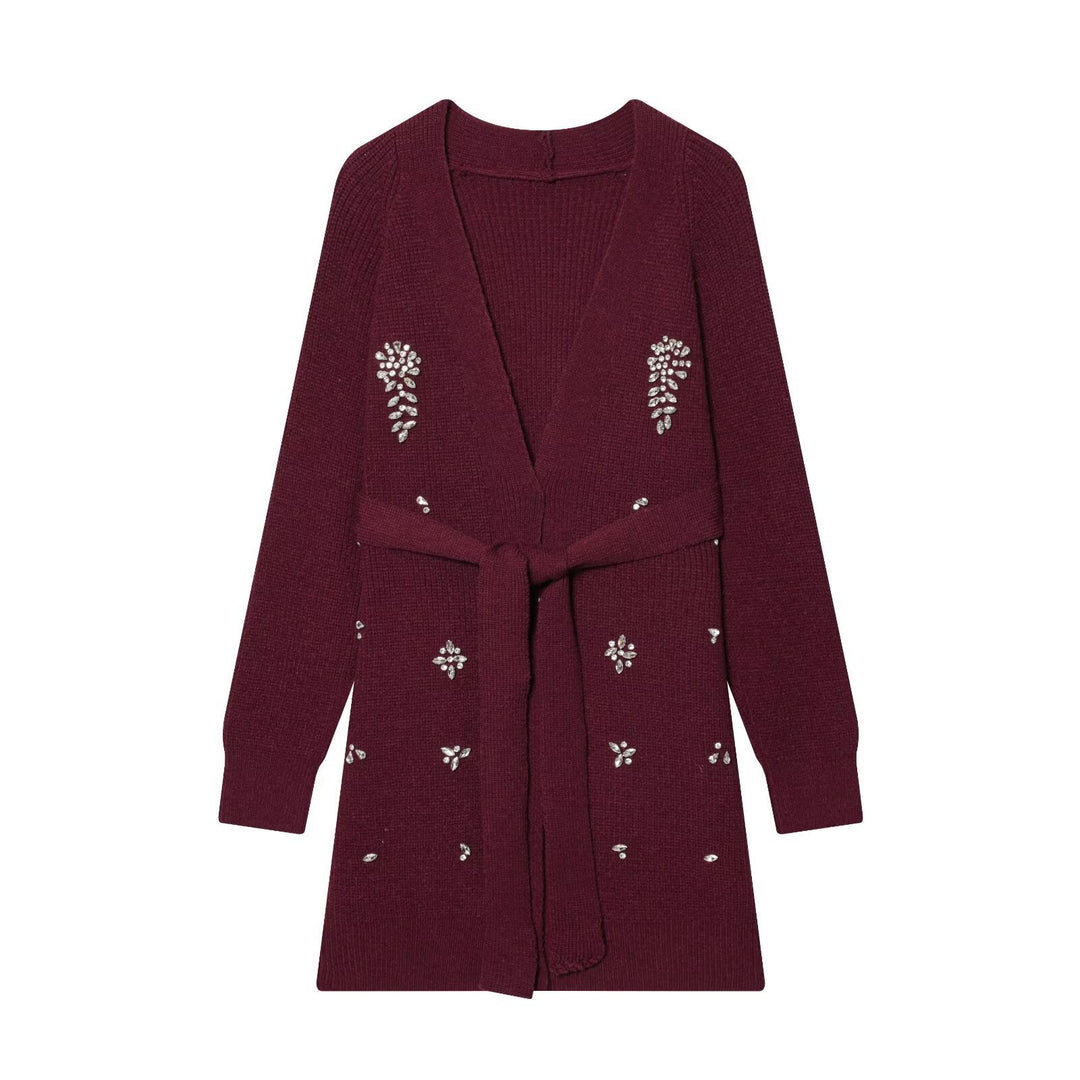 Damen Lange Strickjacke mit Bindegürtel und Schmuckstein-Applikation Shop Nory