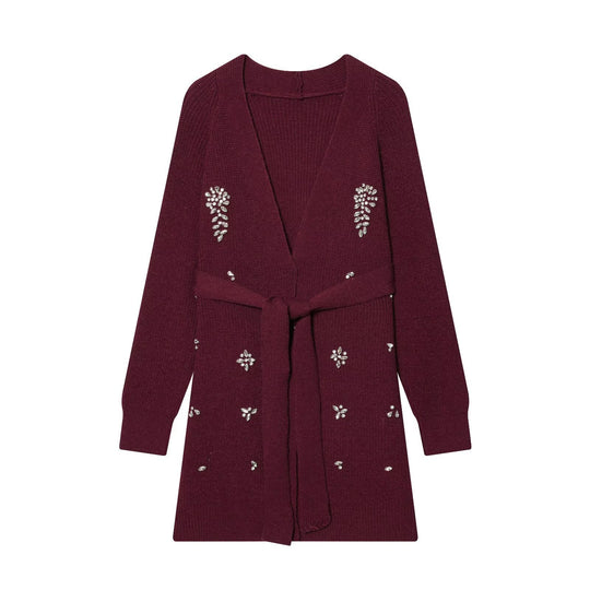 Damen Lange Strickjacke mit Bindegürtel und Schmuckstein-Applikation Shop Nory