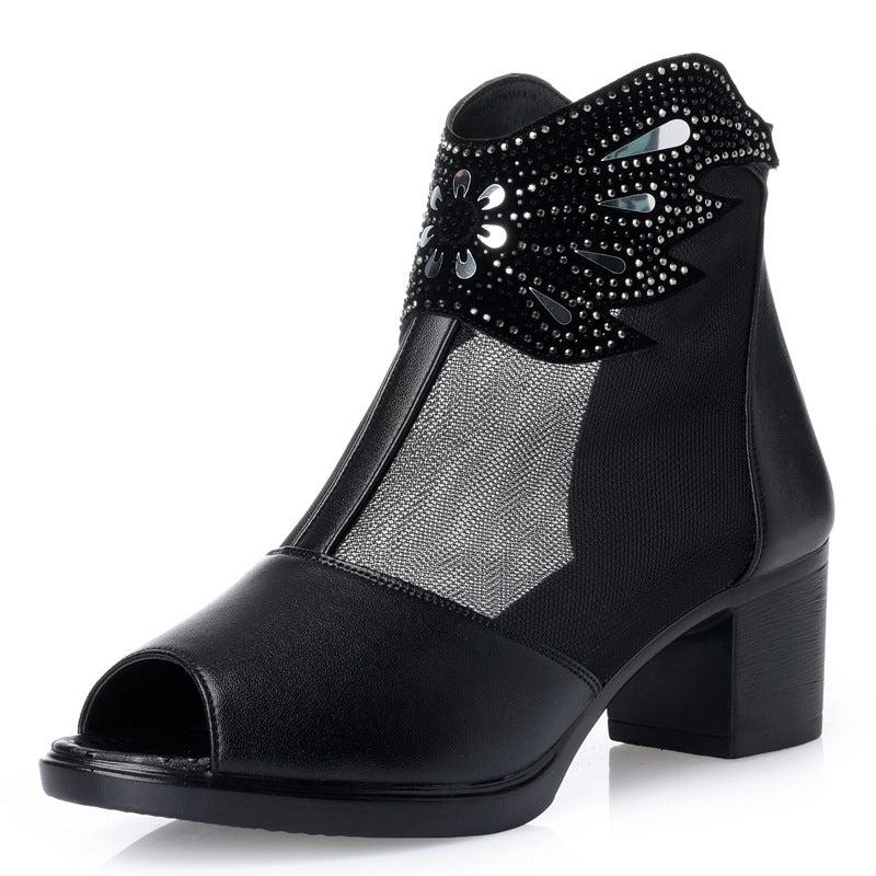 Damen Offene Stiefeletten mit transparentem Mesh-Einsatz und funkelnden Verzierungen