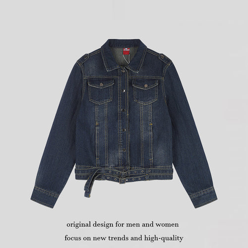 Damen kurze Denimjacke mit Taillengürtel, Druckknopf‑Front und aufgesetzten Brusttaschen Shop Nory