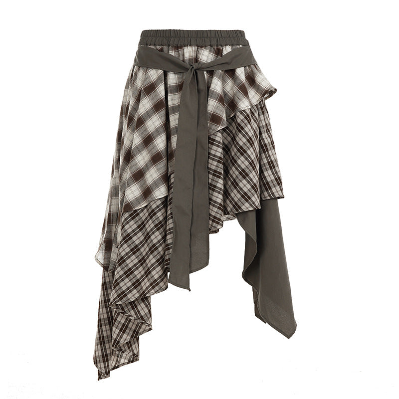 Damen asymmetrischer Wickelrock mit Karomuster und breitem Bindegürtel
