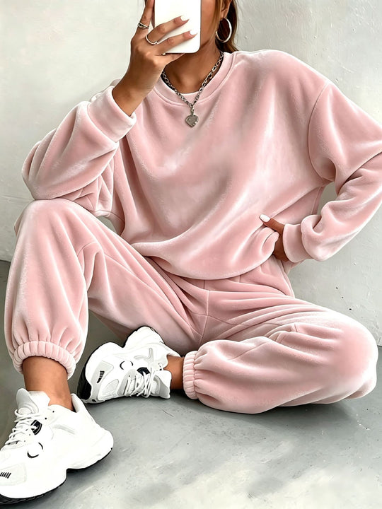 Damen Oversize Samt-Jogginganzug mit Rundhalsausschnitt und elastischen Bündchen Shop Nory