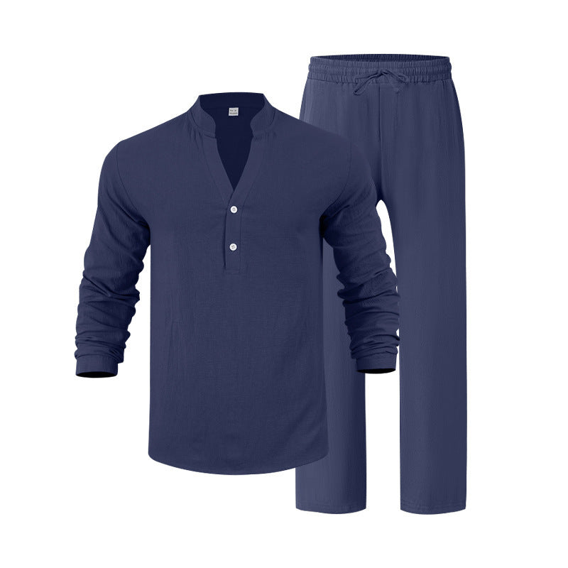Herren nan legeres Henley-Set aus leichter Leinenoptik mit Stehkragen und elastischer Tunnelzughose Shop Nory