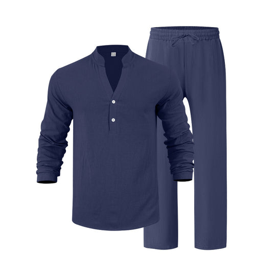 Herren nan legeres Henley-Set aus leichter Leinenoptik mit Stehkragen und elastischer Tunnelzughose Shop Nory