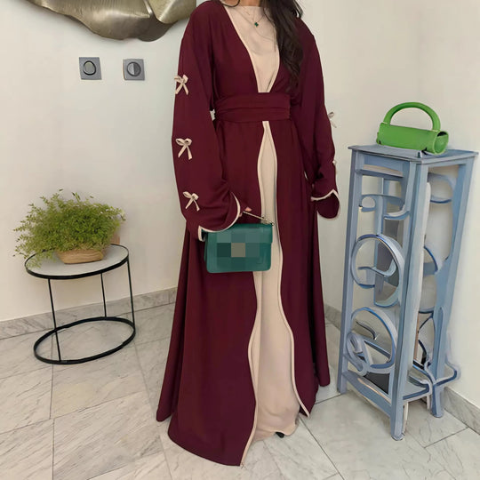 Damen nan elegante Abaya-Kaftan mit weitem Trompetenärmel, kontrastierender Passe und Wickelgürtel Shop Nory