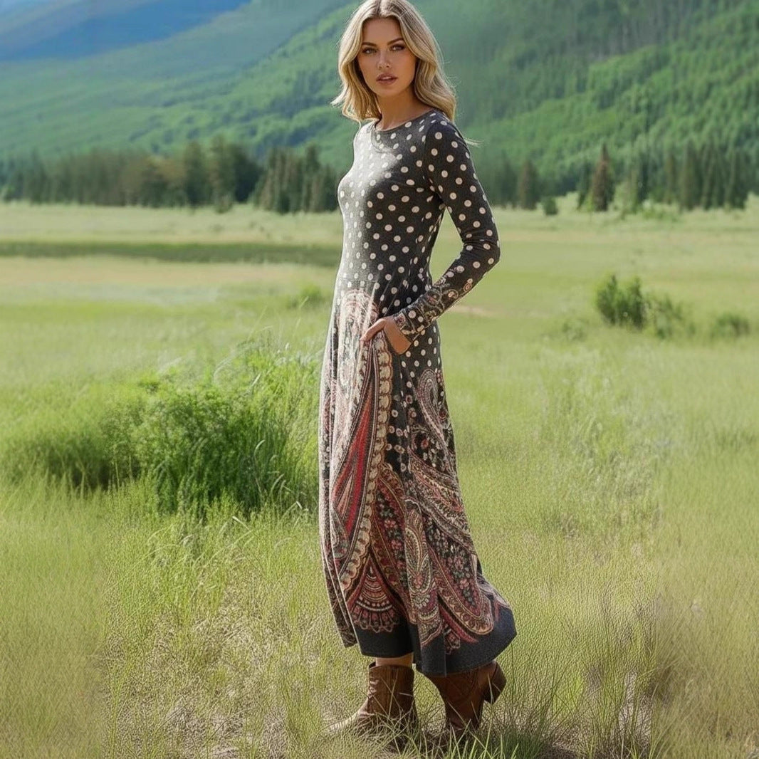 Damen Maxikleid mit Paisley‑ und Polka‑Dot‑Print, langärmeliges A‑Linien‑Jerseykleid Shop Nory