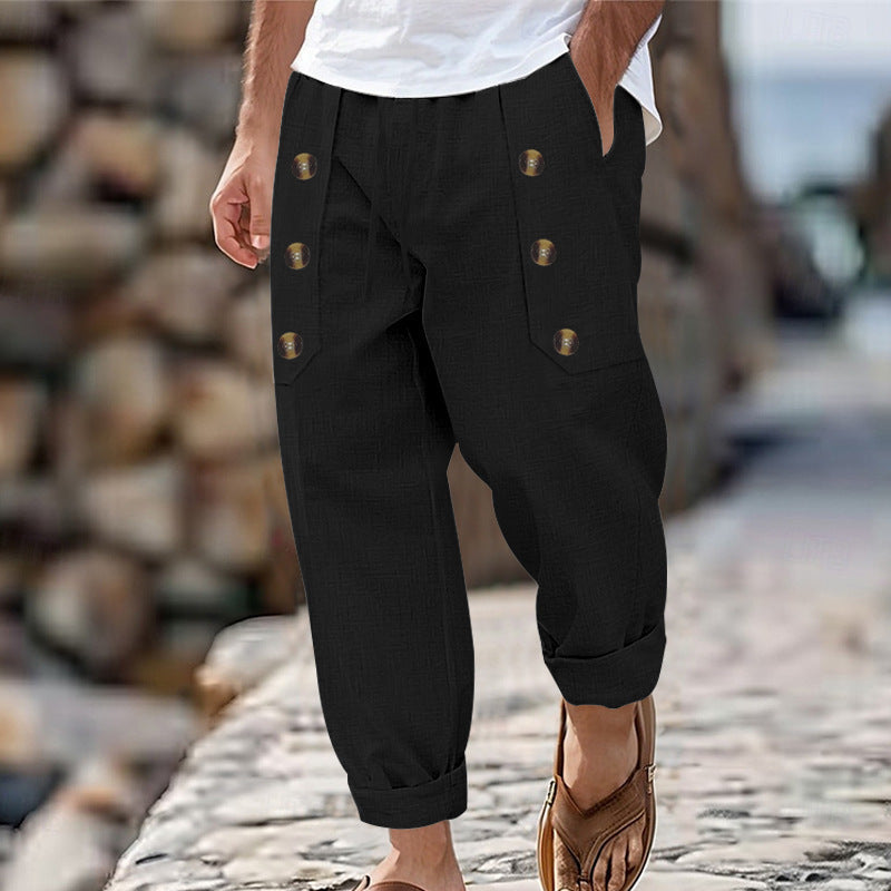 Herren Bequeme Leinenhose mit seitlichen Knöpfen und elastischem Bund