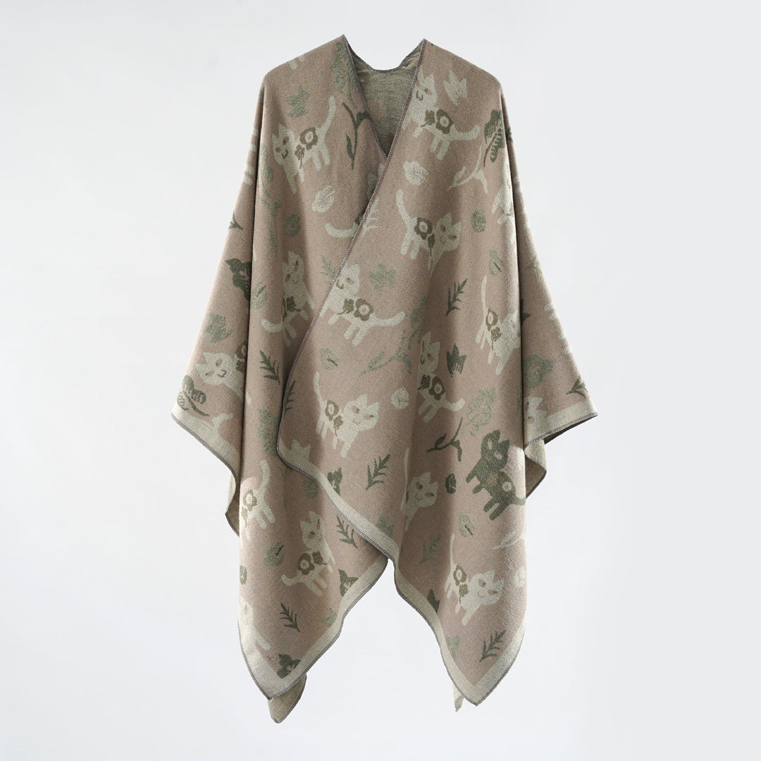 Damen Oversized Ruana im Jacquard mit Katzen- & Blumenmotiv Shop Nory