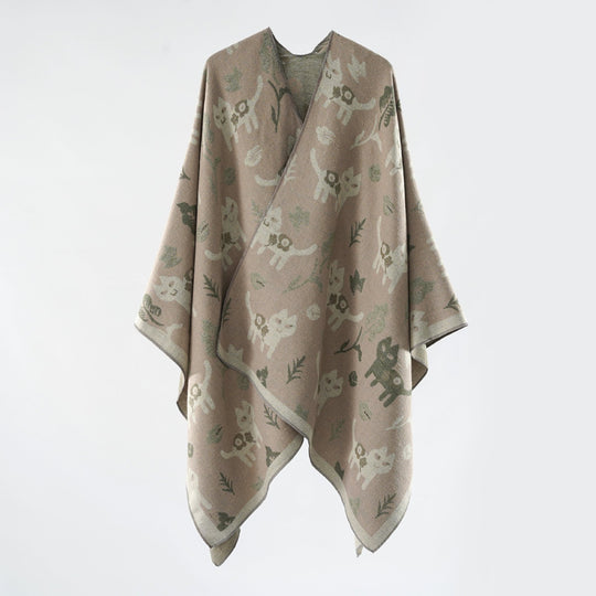 Damen Oversized Ruana im Jacquard mit Katzen- & Blumenmotiv Shop Nory