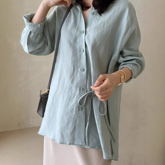 Damen Locker geschnittene Leinen‑Hemdbluse mit Stehkragen, Tunnelzug‑Taille und durchgehender Knopfleiste Shop Nory
