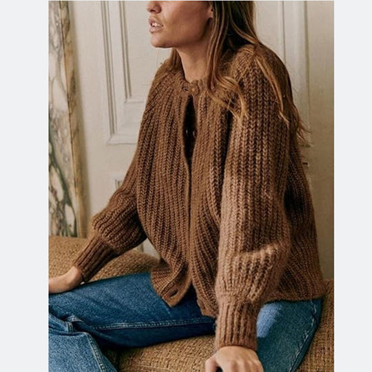 Damen Oversize Mohair-Effekt Strickjacke mit Rippenstruktur und Rundhalsausschnitt Shop Nory