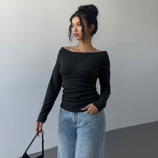 Damen schulterfreies geripptes Langarmshirt mit taillierter Raffung und figurbetontem Stretch Shop Nory