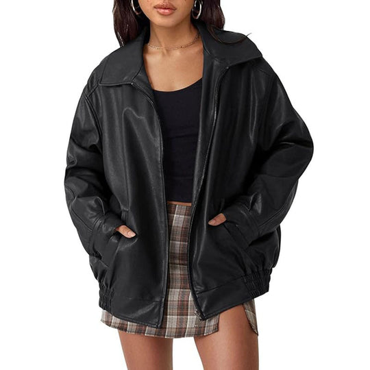 Damen Oversize Kunstleder Blouson mit Reißverschluss und elastischem Saum Shop Nory