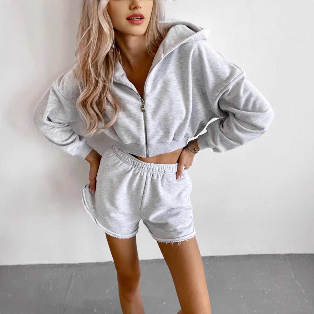 Damen Cropped-Zipper-Kapuzenjacke mit taillenhohen Fransen-Shorts Lounge-Set Shop Nory