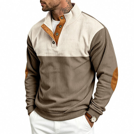 Herren Gerippter Stehkragen-Pullover mit Knopfleiste, Kontrastblende und Ellbogen-Patches Shop Nory