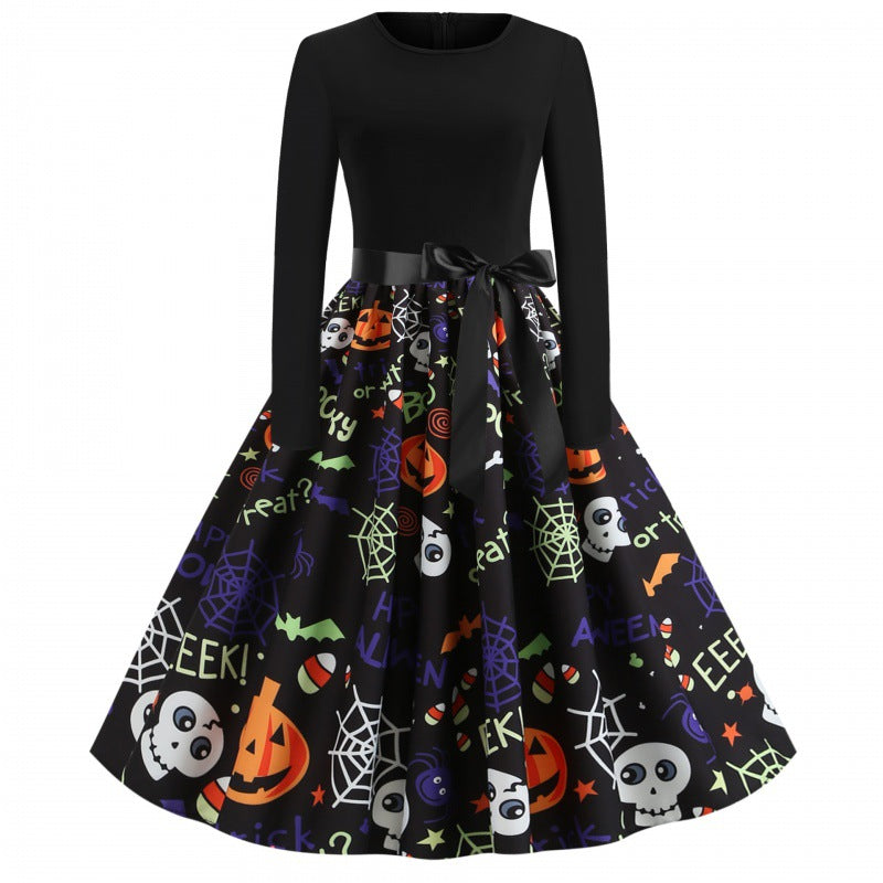 Damen Swingkleid mit Halloween-Print, taillierter Satin-Schärpe und langem Ärmel Shop Nory