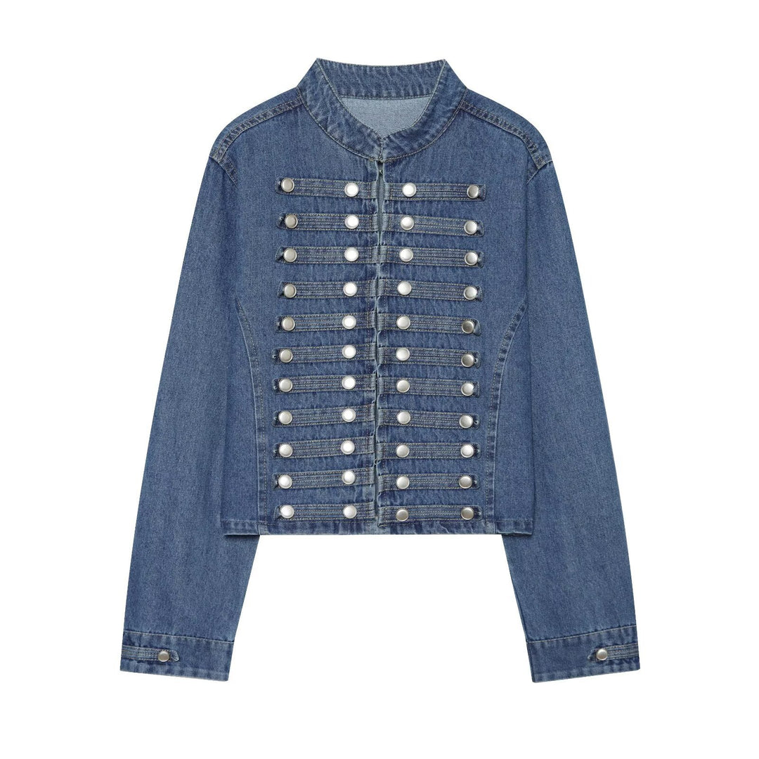 Damen Kurz geschnittene Denimjacke im Militärstil mit Stehkragen und Zierknopfreihen Shop Nory