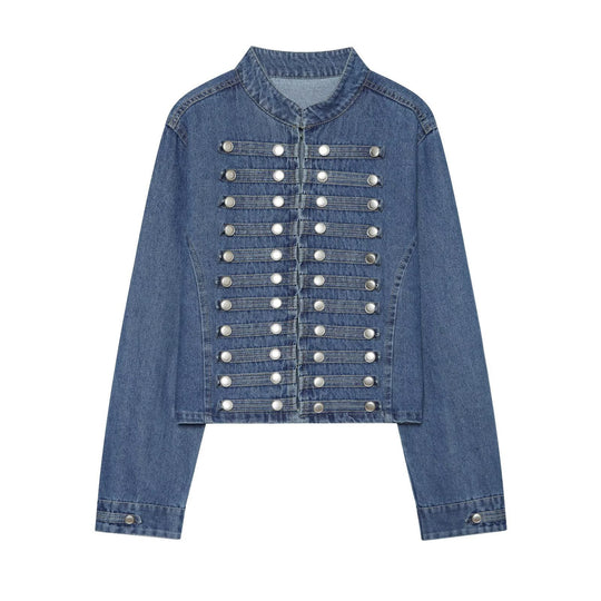 Damen Kurz geschnittene Denimjacke im Militärstil mit Stehkragen und Zierknopfreihen Shop Nory